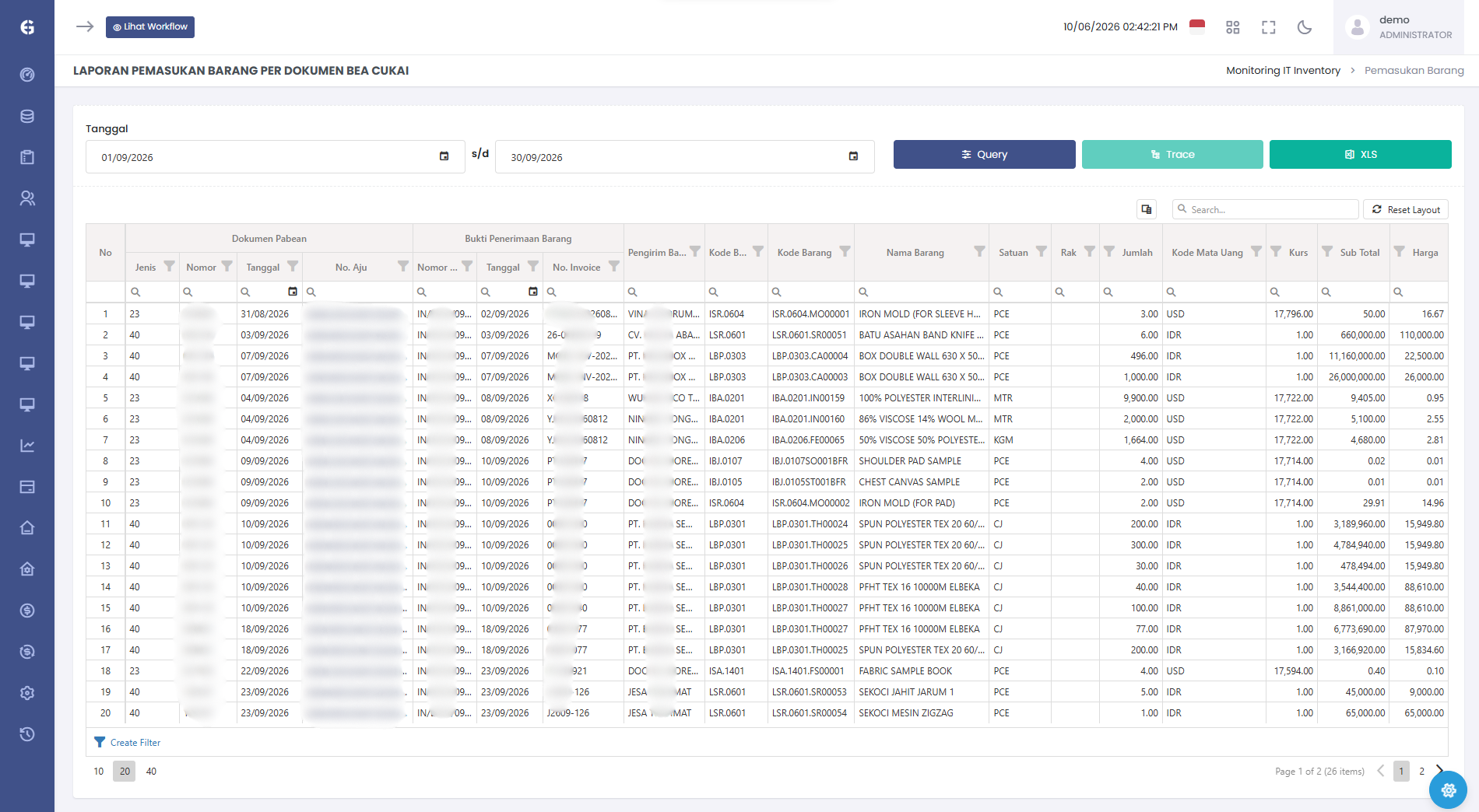 Halaman monitoring bea cukai pada aplikasi inventory